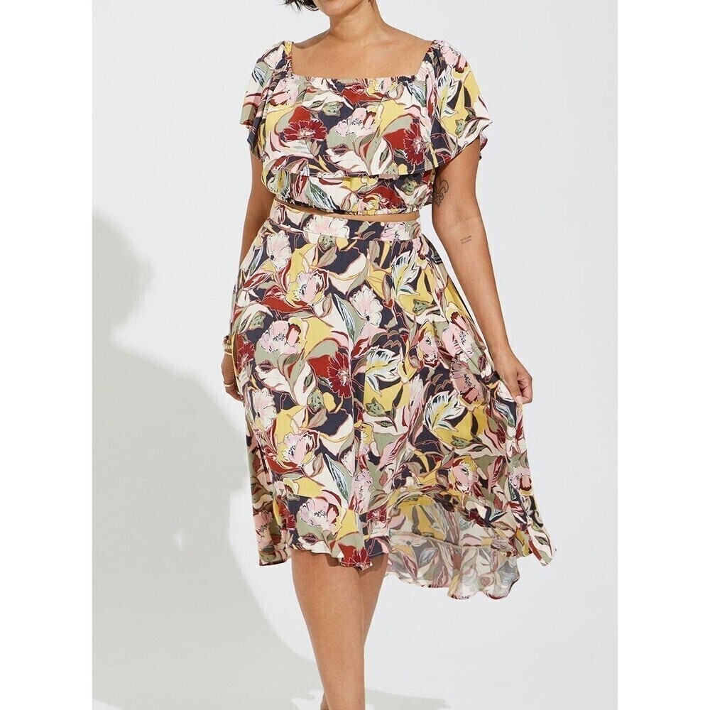 Torrid 3X Floral Two Piece Set Off Shoulder Top Hi Lo Skirt Boho Vacation Outfit